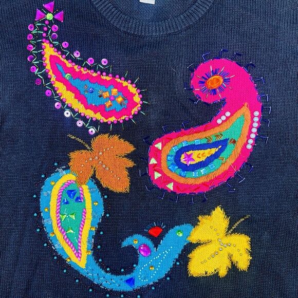 Vintage 80’s Victoria Harbour Bead Embroidery Paisley Appliqué Sweater - Medium - Picture 2 of 4